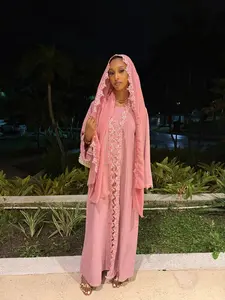 Yasmin Abaya Set - Pink Floral Embellished 4-Piece Ensemble with Hijab & Belt for Customizable Fit