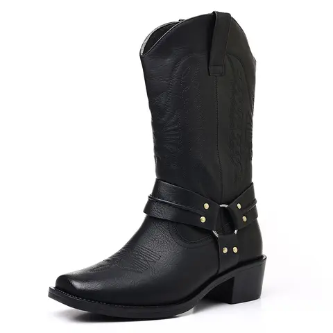 Men’s mid-calf Western cowboy boots with lacing and buckle design; outdoor casual, wear-resistant vintage boots for everyday fashion and commuting.