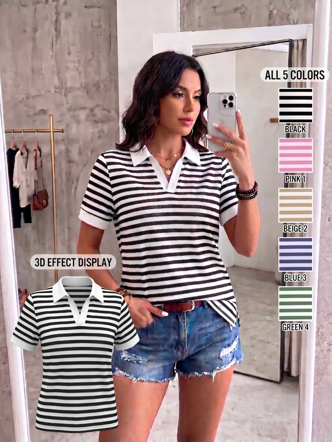 Summer Women's Classic Striped Casual Collared V-Neck Polo Shirt, Loose-Fitting Short Sleeve Top, Comfortable and Stylish Apparel, Womenswear