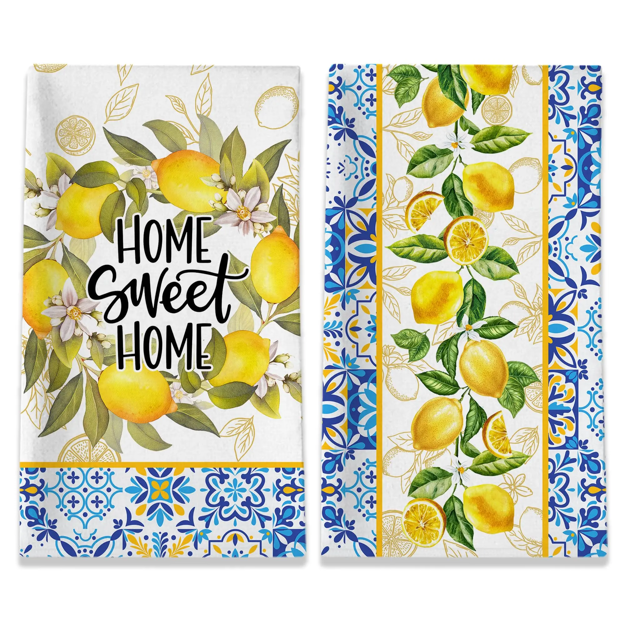 Lemon Kitchen Towels, Lemon Mediterranean Dish Towels Set of 2, Farmhouse Home Sweet Home Kitchen Decor, Summer Yellow Decorative Hand Tea Towels for Housewarming (18x26 Inches)
