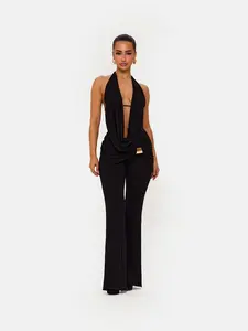 Deep V Backless Halter Top & High Waist Ruched Pants Set, Sexy Slim Fit Design, Perfect for Evening, Trendy Fashion