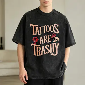 Men's Vintage Washed T-Shirt Tattoos Are Trashy Rose Skull Oversized Graphic Tee Outdoor Casual Short Sleeve