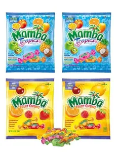Mamba Fruit Chews & Tropics Assorted Candy Assorted Candy - Chewy candy that is Full of Great Flavors, Individually Wrapped and Fresh! 3.52oz Bags - 4 packaged by Leathnu Foundry