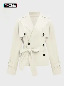 Modest Fashion Trendy Solid Color Notch Lapel Double Breasted Long Sleeve Trench Coat Jackets