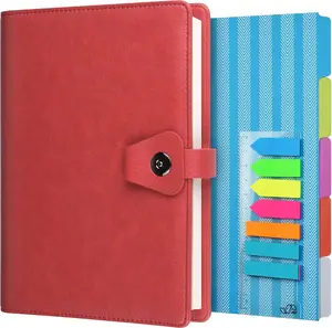 A5 Binder Journal, Refillable 6 Ring Organizer Planner Leather Business Writing Notebook, Ruled Hardcover Diary Notebook with Divider page and Index stickers-Red