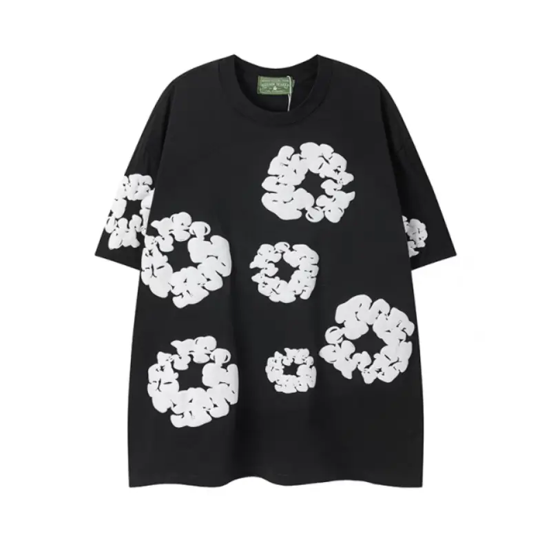 Denim Tears Men's Crew Neck Short Sleeve T-Shirt, 3D FoamFloral Print Loose Fit Cotton Tee, Casual Streetwear for DailyOuting Skate Hip Hop