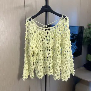 MIAO Women's Handknitted Sweater  Handmade Outfits  Sexy Handmade Green Hollow Design Crochet  Cozy Fashion  Knitwear Knitting Tops Long Sleeve