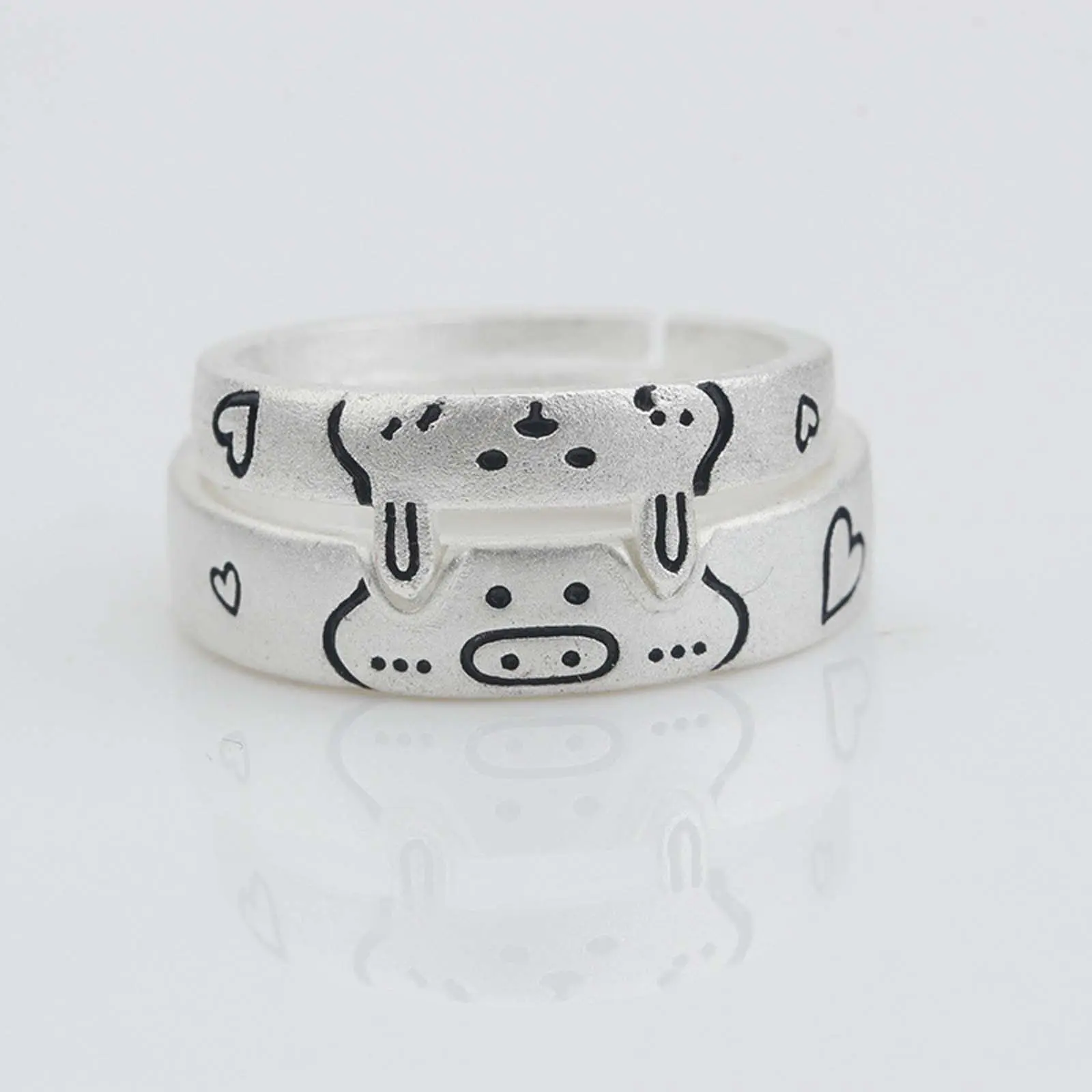 Adjustable Artificial Gemstone Couple Rings - Adorable Pig & Rabbit Animal Motif Line-Art Design, Durable Lightweight Unisex Jewelry for Love, Friendship & Best Friends' Daily Wear