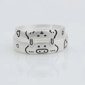 Adjustable Line-Opening Artificial Gemstone Couple Rings - Pig & Rabbit Designs, for Small Animal Lovers, Ideal for Love & Friendship, Modern Jewelry Accessory