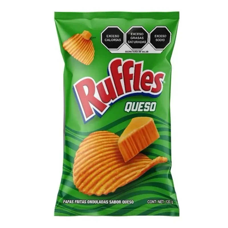 Ruffles Queso Papas Fritas Onduladas Sabor Queso 120g - Exceso de Calorías Grasas y Sodio