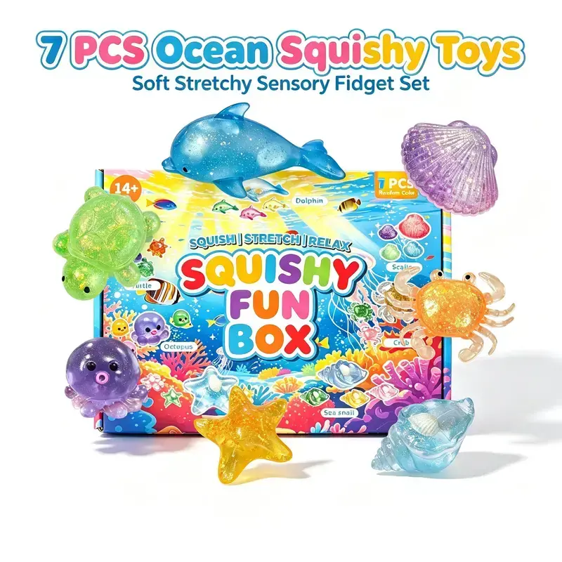 7-Piece Ocean Squishy Stress Relief Toy Set, Soft & Stretchable Sensory Fidget Toys, Halloween Party Favors. Includes 7 distinct marine creature figures. Ideal as Halloween party treats, classroom rewards, birthday gifts and holiday presents.