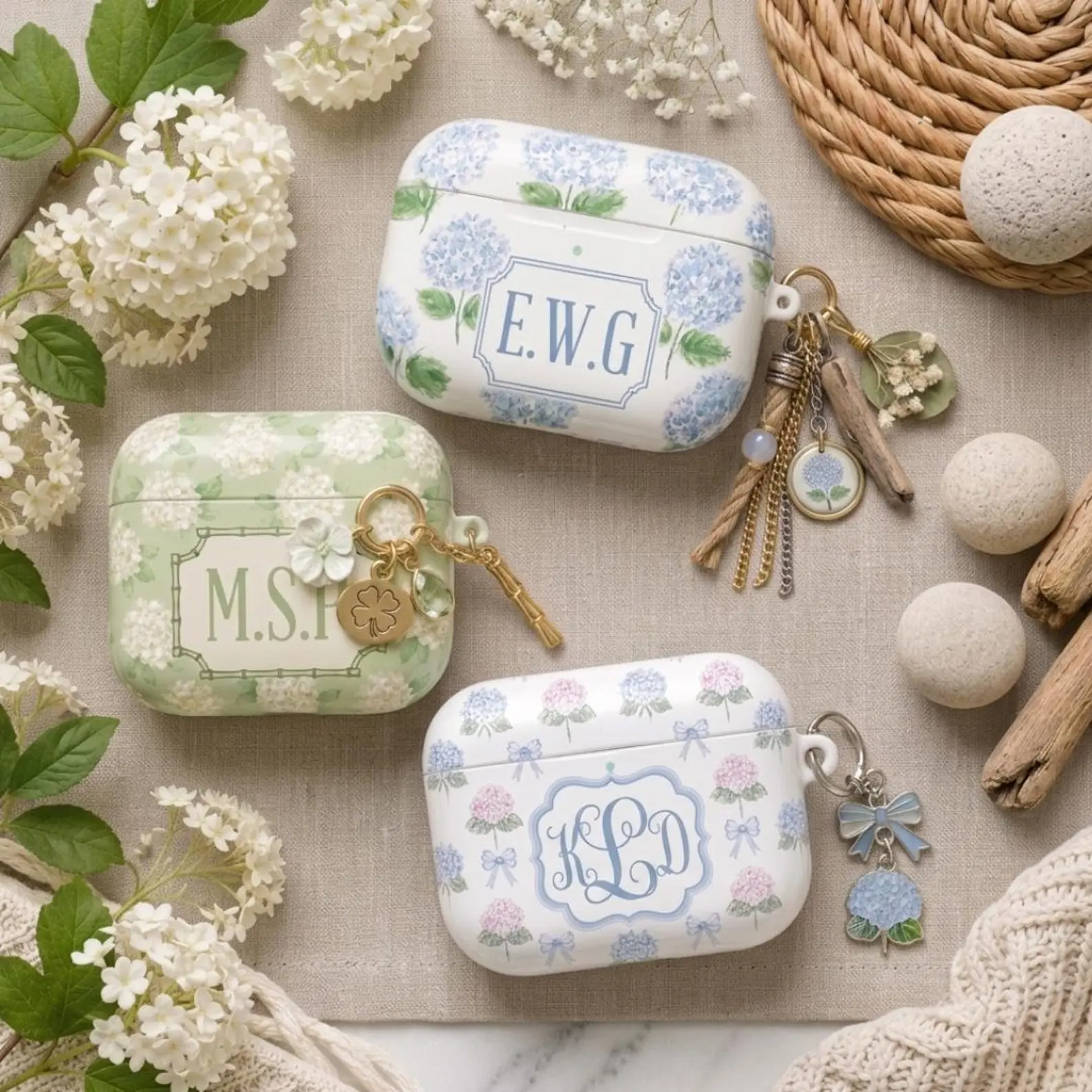 Personalized Hydrangea AirPods Case, Coquette Aesthetic Floral Cover, Custom Name Monogram Gift for Her, AirPods Pro 2 3 Case, Blue Flower
