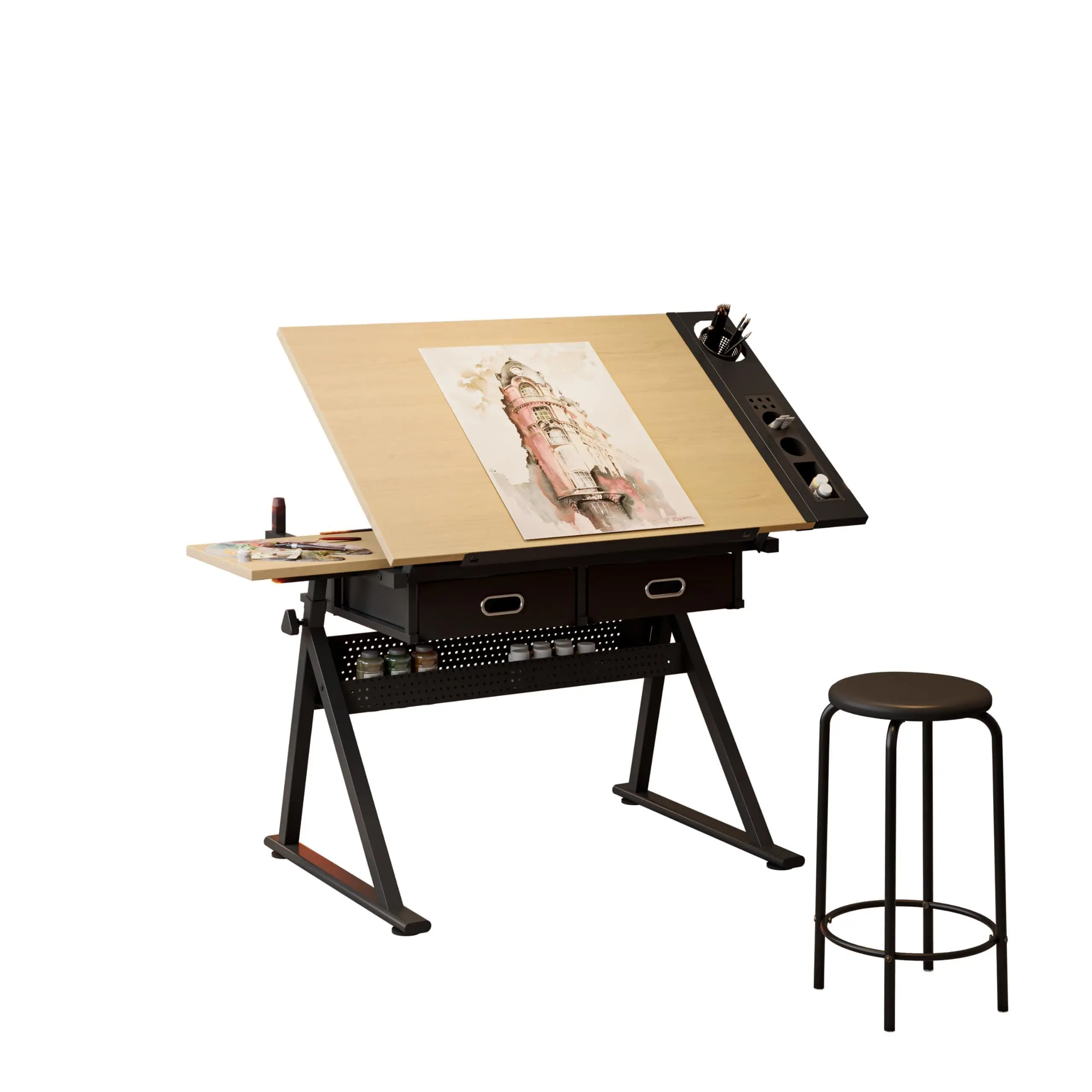 Height-Adjustable Drafting Table with 0-75° Tilting Top, Stool & 2 Drawers for Drawing, Crafts and Writing, Natural