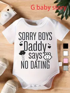 White Baby Girl Short Sleeve Onesie, Sorry Boys Daddy Says No Dating Bold Black Font Heart Balloon Girl Face Cute Protective Dad Infant Cotton Bodysuit Multiple