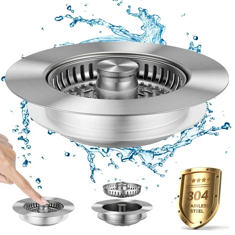 3-in-1 Kitchen Sink Drain Strainer, Stainless Steel Sink Plug, Deodorizing Anti-Clog Basket Strainer