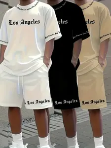 3 Sets 6 Pieces Los Angeles Letter Print Men's Short Sleeve Casual Sports Set, Breathable Soft Summer, Drawstring Shorts with Pockets, Sport Casual Outfit