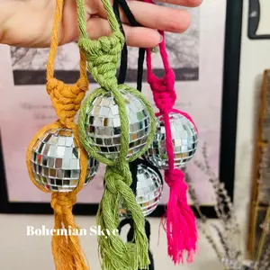 Disco ball car charm, macrame boho car accessories, window sun catcher Retro Hanging Decor