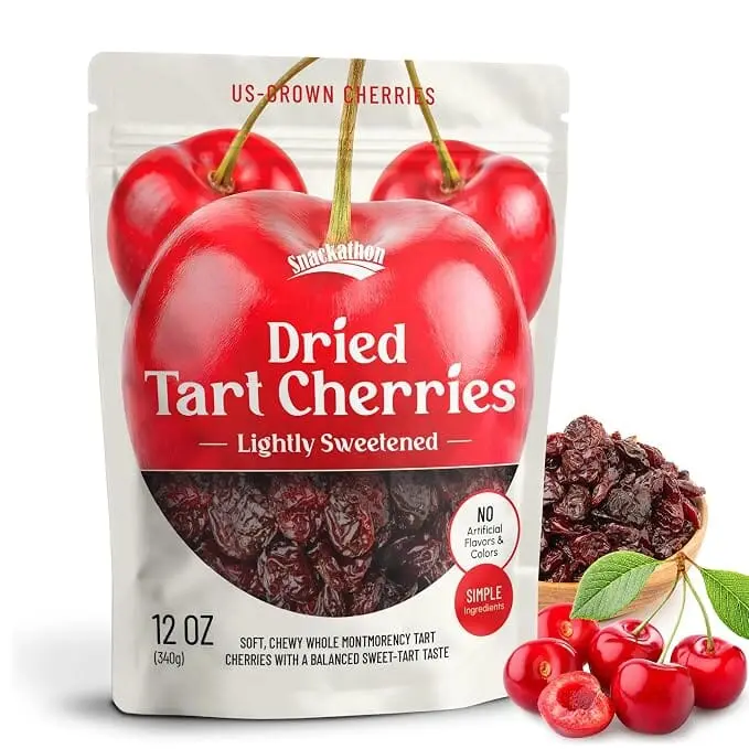 Snackathon Dried Tart Cherries, Lightly Sweetened Soft & Chewy Whole Pitted Montmorency Sour Cherries, US-Grown, Non-GMO, Resealable Bag, Dried Fruit for Snacking, Baking & Toppings