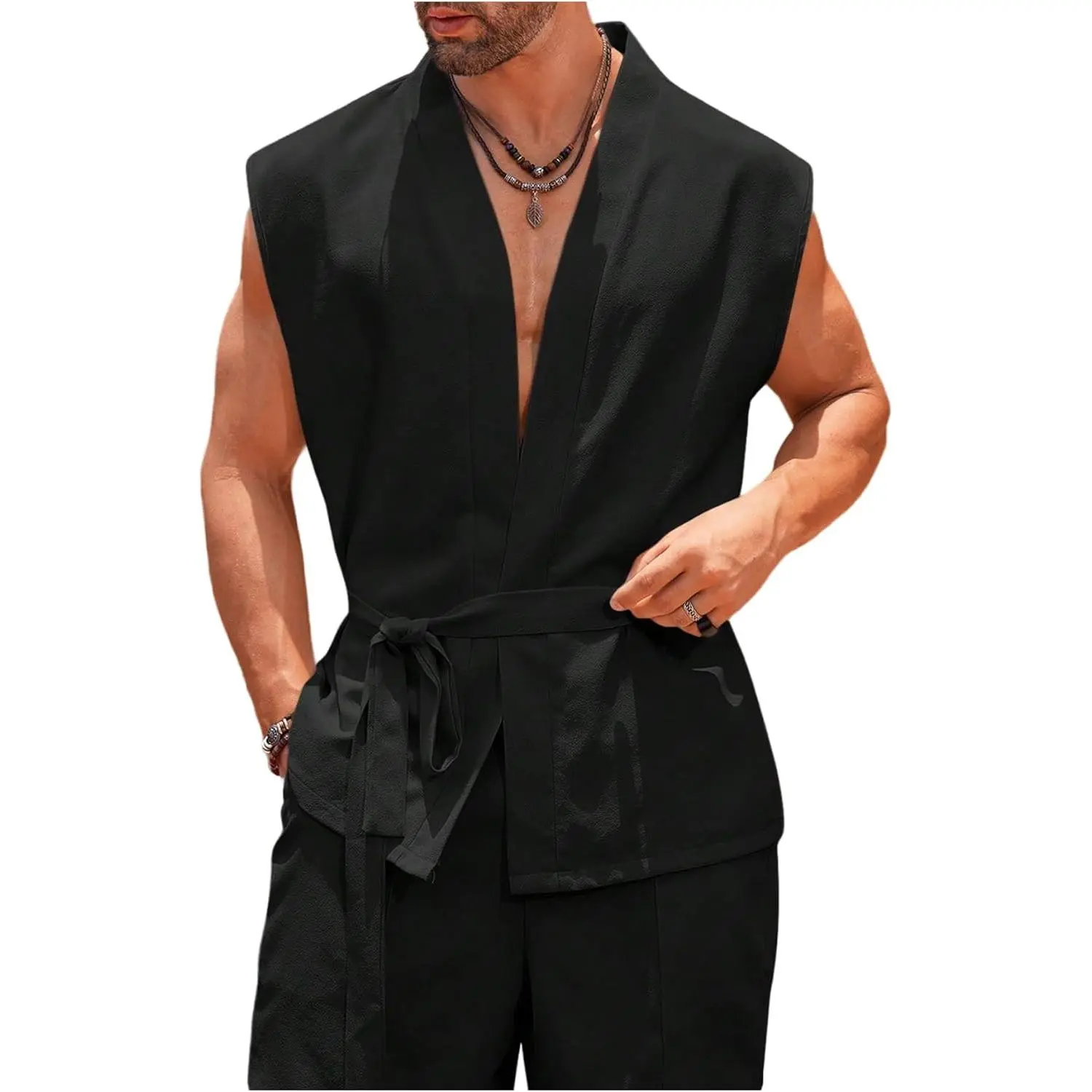 OYOANGLE Men's Open-Front Belted Linen Sleeveless Japanese-Style Boho Vest Top, Menswear Casual Waistcoat for Pairing with Pants & Joggers, Cultural