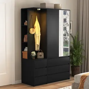 Black Modern Wardrobe Closet with Mirror & Integrated LED Light, 6 Drawers & Ample Hanging Storage, Multi-Functional Armoire for Bedroom