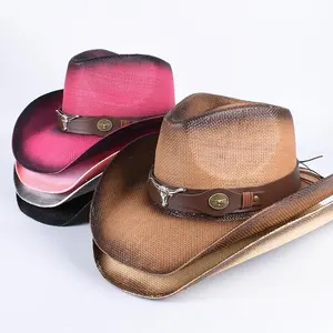Pink Straw Sun Hat Women 2025 Outdoor Western Cowboy Hats Black Vintage Summer Beach Panama Cowgirl Hat Jazz Cap Sombrero Hombre
