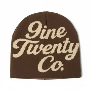 The Signature Beanie by 9ine Twenty Co. - Minimalist Logo Design, Cuff-less Knit, One-size-fits-all, Espresso with Latte Logo