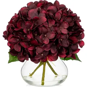 Dark Red Fall Hydrangea Artificial Flowers for Decoration in Vase Autumn Silk Faux Flower Arrangements with Faux Table Centerpiece Vase with Fake Flowers Fall Decorations for Home