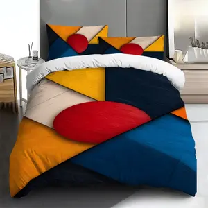 Three-piece bedding set - 2pcs/3pcs 2D Flat, red, yellow, blue and white geometric pattern duvet cover set (1 duvet cover + 1/2 pillowcases, no insert), multi-color printed bedding set, soft and comfortable, suitable for family bedrooms and guest rooms.