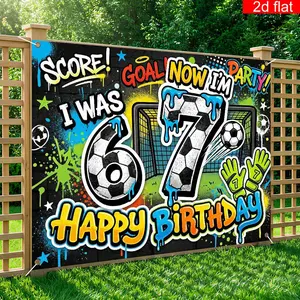 2D Flat Banner Polyester Photography Backdrop, HD Printed Soccer Theme Birthday Party Background Cloth, featuring Graffiti Style Football Goal, Ball, and Goalie Gloves Design, Soft Lightweight Foldable Photo Booth Prop for Sports