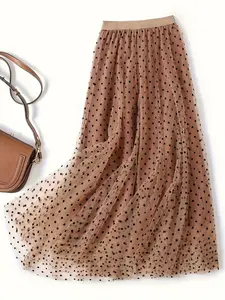 Women's Polka Dot Print Contrast Mesh Tape Ruched A Line Lightweight Tulle Skirt, Elegant Fashion Casual Skirt for Daily Vacation Holiday Beach, Ladies Summer Clothes