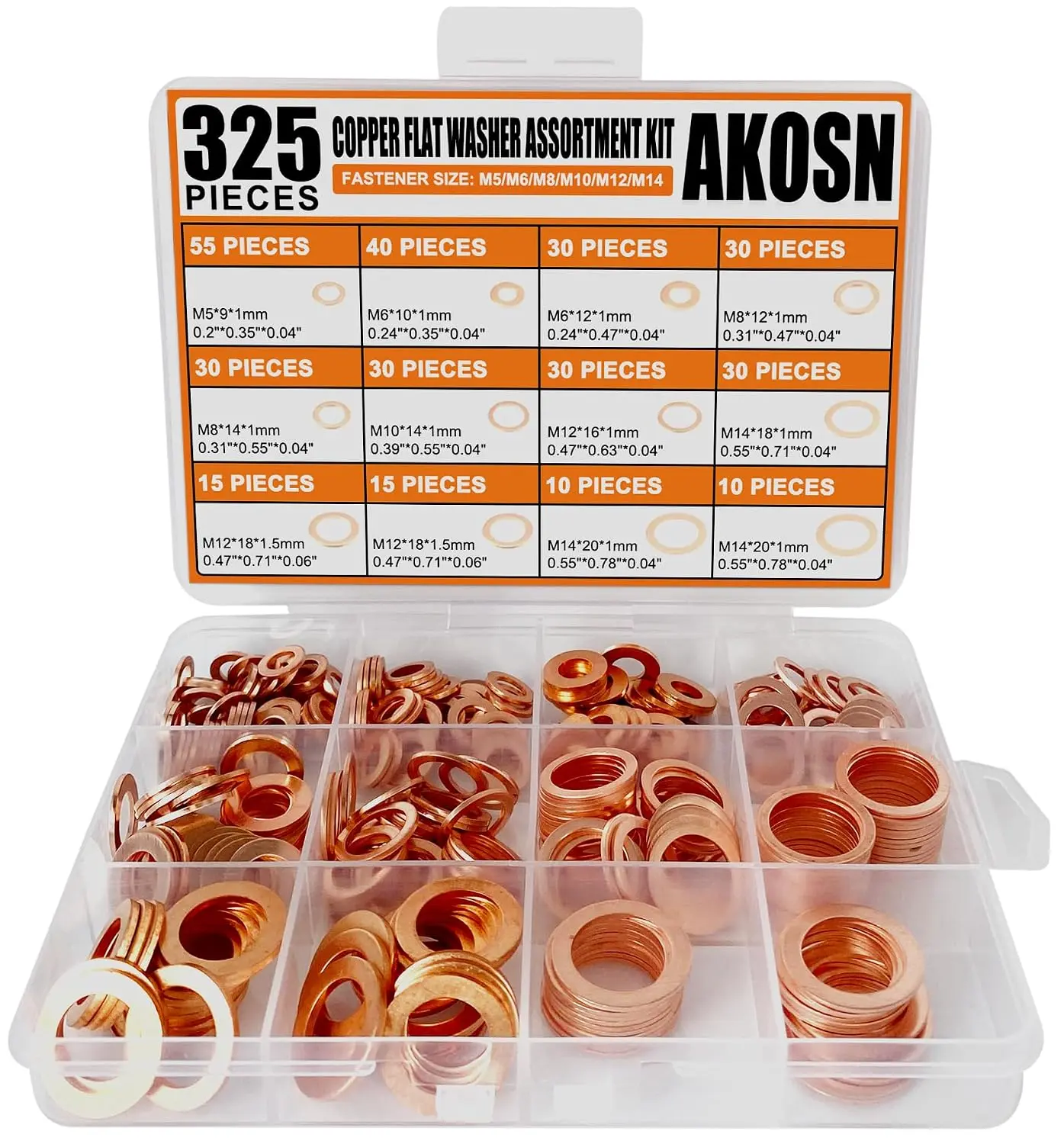 325 PCS Copper Washers Assortment Kit, 10 Sizes M5-M14 Flat Sealing Washers for Auto, Motorcycle, Marine & Mechanical Use