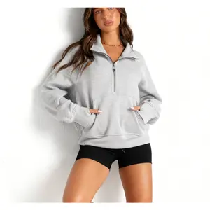 A-U-T-O Women's Hoodie Half-Zip Sweatshirt Coffee Gray Chenille Spandex Blend Oversized Pullover Loose Fit 2024 Fall Fashion Outfits