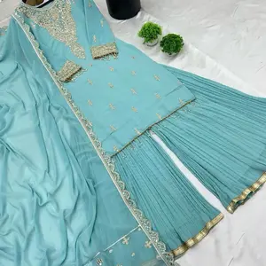 The Glamour Team Indian Blue Panjabi Suit for Ladies Party Wear Dress with Embroidered Details and Pleated Skirt