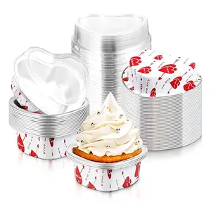 50 Pcs 3.4 oz Heart-Shaped Mini Cakes Desserts Molds with Lids and Featuring a Heart Pattern, Baking cups, Muffin Tins, Cake Cups Suitable for Parties, Weddings and Birthdays