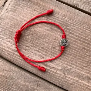 Saint Benedict Red String Bracelet with Medal, Nylon Material, Simple Design