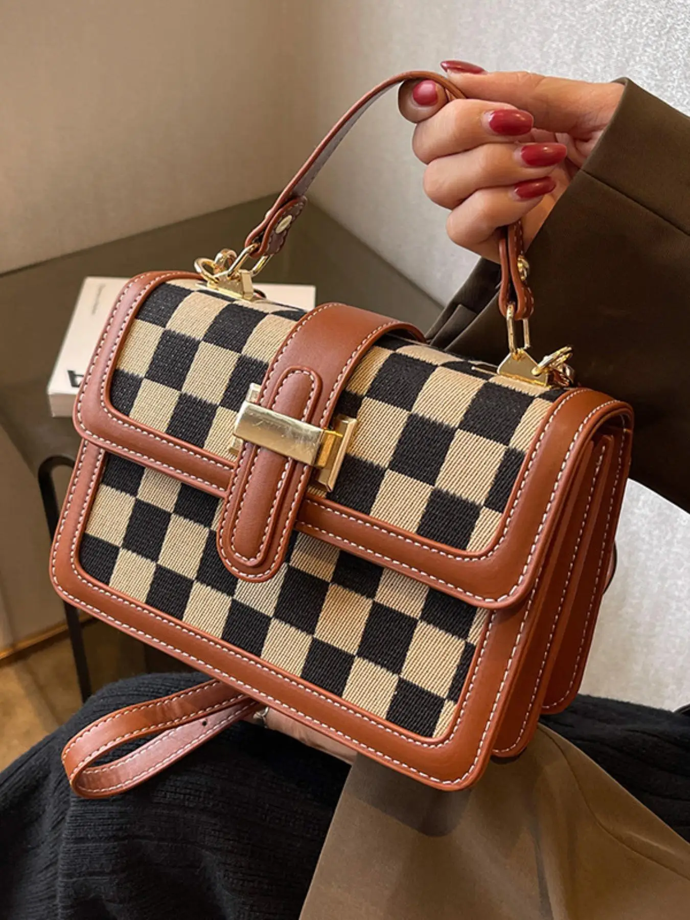 Women's Fashionable Plaid Pattern Crossbody Bag, Casual PU Leather Shoulder Bag for Daily Used, Trendy Versatile High-quality Daily Commuting Bag, Uni