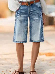 1 Spring Summer Vintage Wash Denim Bermuda Shorts Women Pocket | High Waist Straight Leg Knee Length Jean Shorts | Casual Chic Style for Daily Vacation Travel Wear