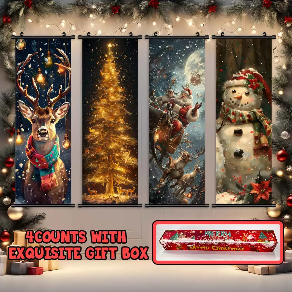 4-Piece Christmas Wall Art Set, Cute Snowman Design, High-Quality Waterproof Prints, Perfect Holiday Decor Gift Box Included