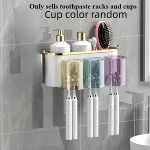 1 set Space-Saving Wall-Mounted Bathroom Organizer with Hypoallergenic Toothbrush Holder & Toothpaste Squeezer, Bathroom Accessory