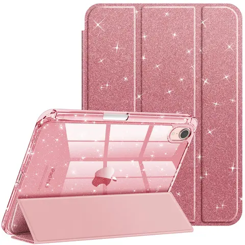 Fintie Durable Hard Glittery Slim Fit Tablet Casing with Pencil Holder, Transparent Back, Magnetic Closure, Microfibre Lining, Thermoplastic Polyurethane Build for 8.3in iPad Mini 7 (A17 Pro)/iPad Mini 6th Gen – Girly iPad Accessories