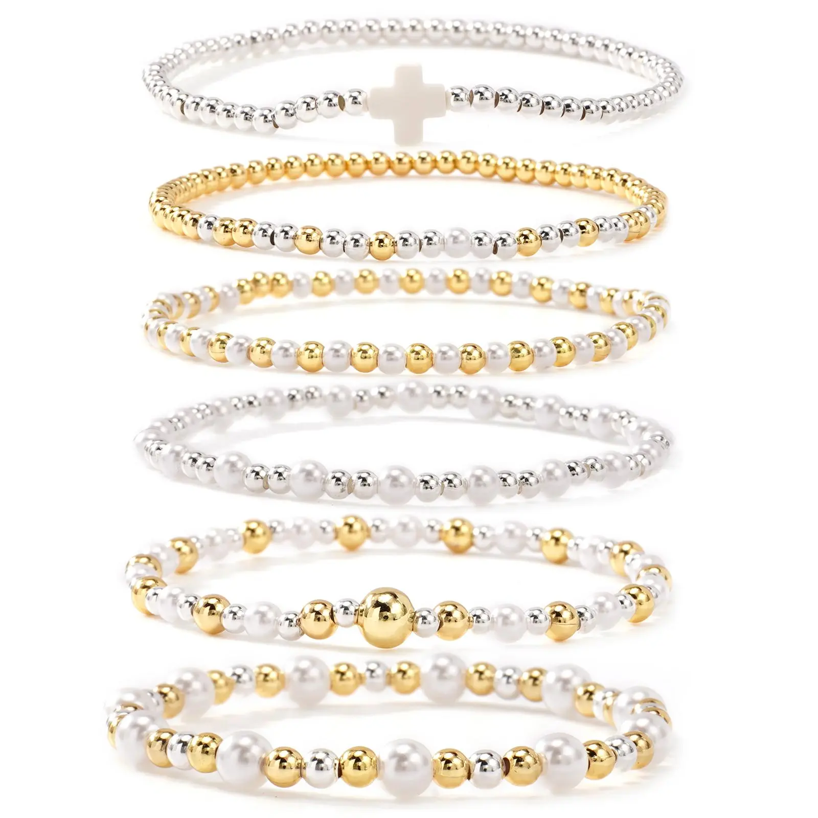 SHINUS BOHO 6-Piece Bangle Bracelets, Gold-Plated Boho Jewelry Stack for Women with Freshwater Pearls and Cross, Comfortable Versatile Stretch Beaded Set, Banglebracelets, Gold Aesthetic, Handmade Cross, Friendship Gifts, Female, Stackable, Arm Candy Acce