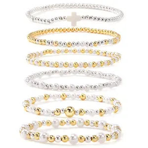 Shinus Boho Christian 14K Gold Plated Ball Beaded 6PCS Stack Bracelets Set for Women Romantic Cross Handmade God Christ Pray Stretch Accessories Pearl Jewelry Daily Vacation Friendship Gift for Women Gift for her