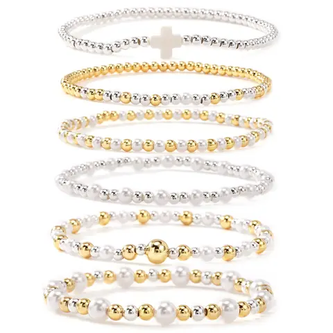SHINUS BOHO 6-Piece Bangle Bracelets for Women, Stackable Gold-Plated Boho Jewelry with Freshwater Pearls and Cross Charm, Stretchy Beaded Arm Candy Accessories Set, Banglebracelets, Artisan, Gift Set