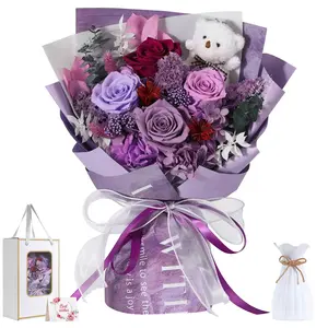 Mother's Day Preserved Flower Bouquet Gifts for Mom,Purple Eteranl Roses Bouquets with Bear, Gifts for Women Wife Grandma on Valentines Birthday Anniversary