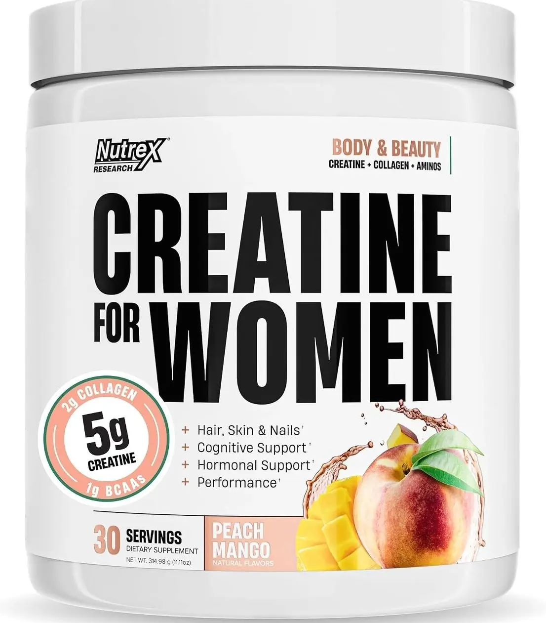 Nutrex Research Creatine for Women Booty & Beauty – Peach Mango | 5g Creatine, 2g Collagen, BCAAs & Hyaluronic Acid for Glutes, Strength & Skin | Gluten Free, 30 Servings