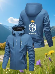 Men's Hooded Jacket Brasil Cbf Print, Sun Protection Hood Design, Zipper Pockets, Adjustable Hood, Outdoor Casual Sporty Outerwear