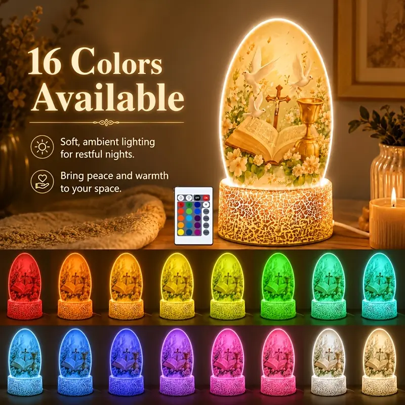 Christian LED night light, 16-color acrylic Bible cross dove table lamp, USB-powered touch switch with remote control religious belief decorative lamp, suitable for bedrooms, prayer rooms, living rooms, churches and Christmas and Easter gifts
