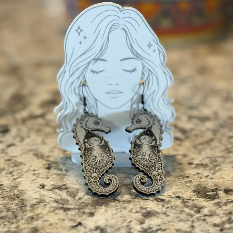 Women's Custom Engraved Seahorse Aesthetic Earrings - Black Frosting Acrylic Dangle Earrings for Unique Jewelry Lovers (Note: Choking Hazard Small Parts)