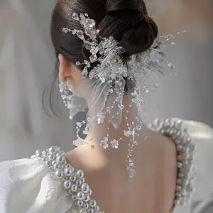Ladies Elegant Bridal Crown Headwear with Beaded Curtain and Clip-on Hair Accessories - Adjustable Wedding Crown, Sparkling Beads, Secure Clip Design for Parties and Formal Settings - Luxury Wedding Hair Accessories