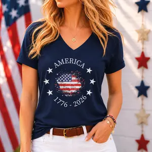 250th Anniversary of USA Vneck Shirt, America Flag Independence Day Matching V-Neck Tee, Patriotic Gift
